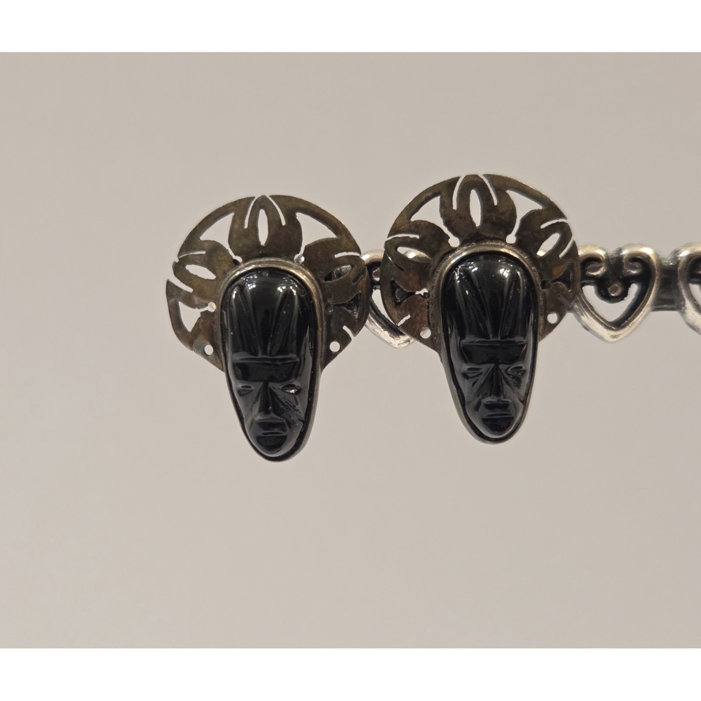 Antique Aztec War Mask Sterling Silver Carved Black Onyx Screw Back Earrings